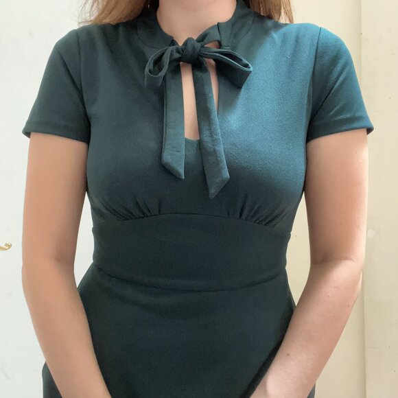 ModCloth Dark Green Midi Dress | Keyhole Neckline & Bow Tie | Size S - Picture 2 of 8